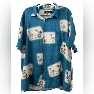 Boca Classics Tropical Hawaiian Button Up Shirt Blue Palm Print Size L